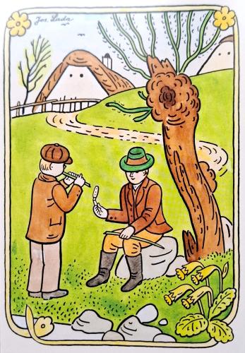 Children's drawing of two men sitting on the grass and looking at the map