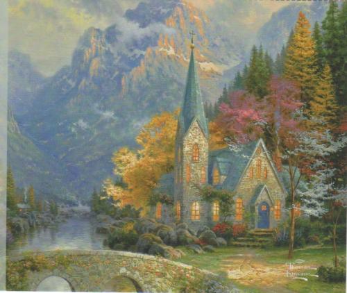 Old church in the mountains on a background of autumn trees. Painting