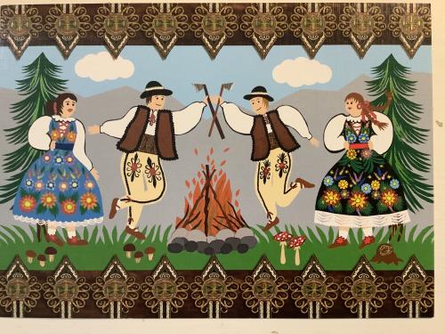 Fantasy illustration of a family in embroidery near the campfire