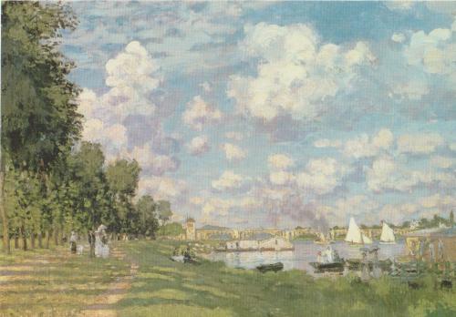 landscape with the image of the river, trees and clouds on a blue sky