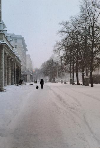 Snowfall in the city. People walk on a snowy street.