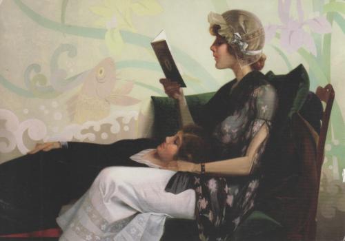 Vintage oil painting of a young woman reading a book with her husband