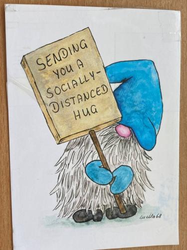 Sketch of a hand holding a sign with the message.