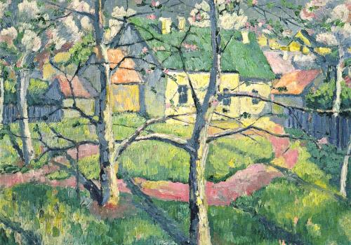 Original oil painting on canvas of rural landscape with trees and houses.
