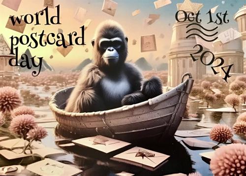 Gorilla sitting in a wooden boat with postcards on the background