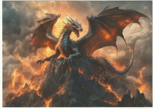 Fantasy dragon on a rock in the fire, 3d illustration