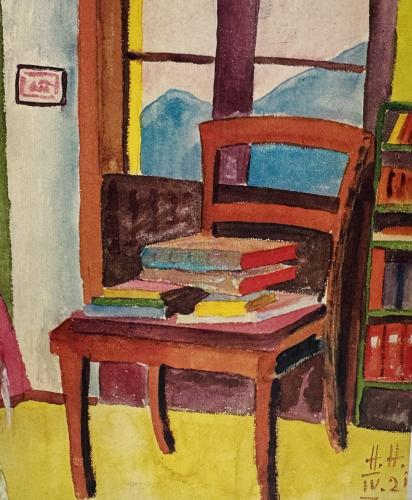 Painting of a chair and a book on the background of the window