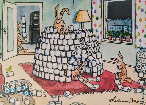 Children's drawing of a house with a chimney and a rabbit