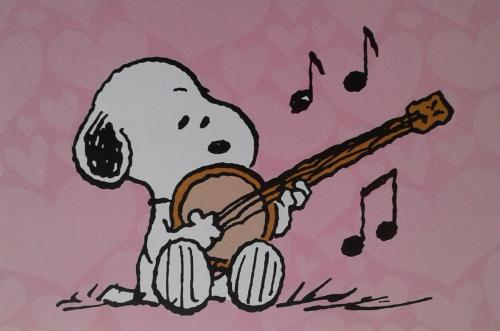 Illustration of a dog playing the banjo on a pink background