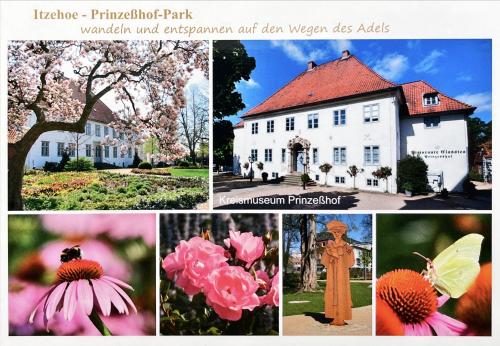 Collage of photos with a beautiful garden in Bavaria, Germany