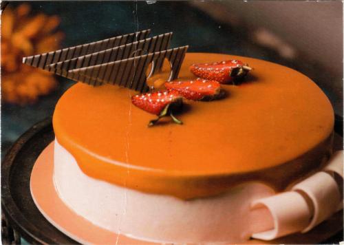 Chocolate cake with strawberry on top. Photo in old color image style.