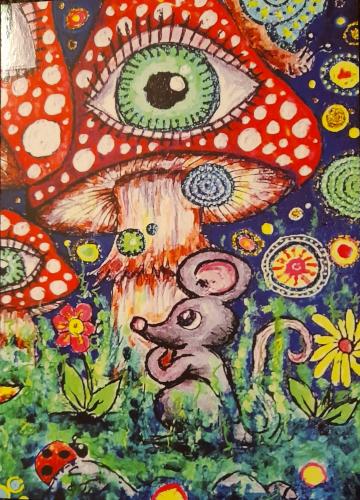 Hand drawn picture of a mouse and a mushroom in the garden.