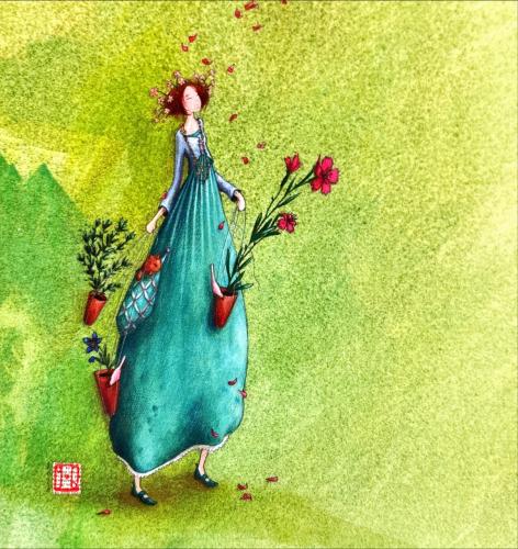 Illustration of a girl in a long dress with a bouquet of flowers
