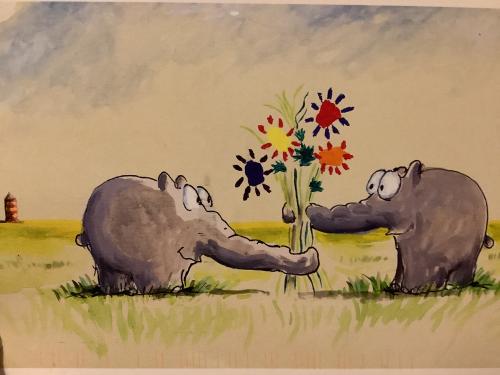 Two hippos with sunflowers on the meadow. Watercolor illustration
