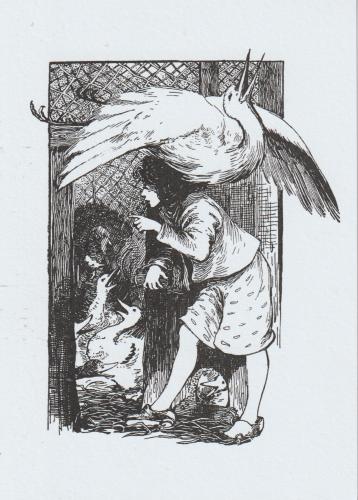 Victorian engraving of a mother and child playing with a stork.