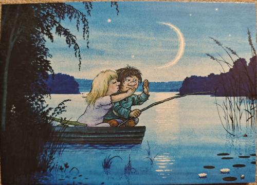 Young couple fishing in a boat on the lake. Vintage painting.