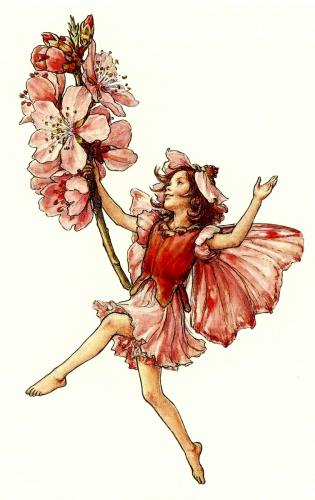 Illustration of a girl in a pink dress and a bouquet of flowers