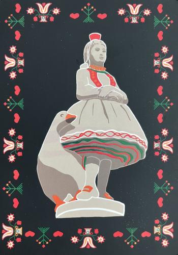 Ukrainian folk art on a black background. Figure of a girl with a bird