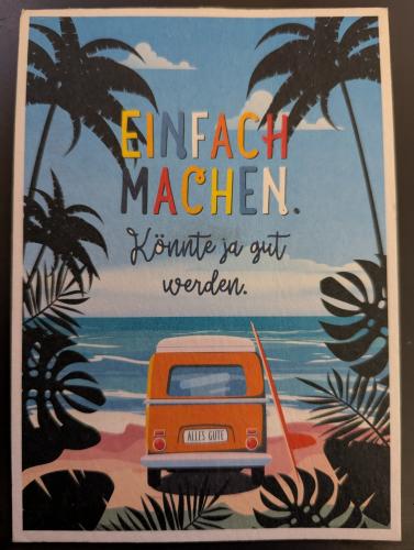 Vintage beach sign with a van and palm trees in the background