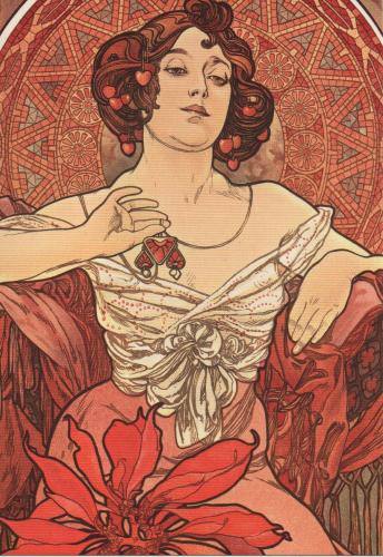 Portrait of a beautiful woman in a red dress with lilies