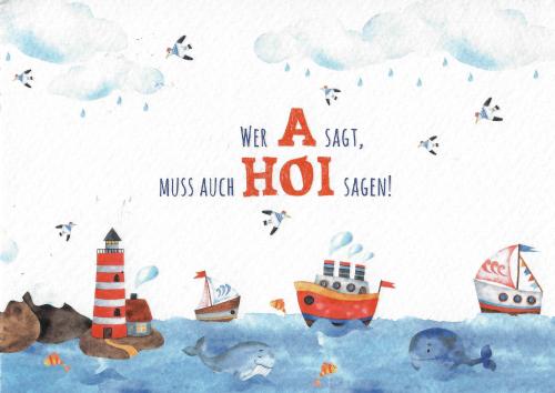 Watercolor illustration of a sea with boats, lighthouse and clouds. Watercolor illustration.