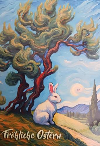 Rabbit on the hill with a tree in the background. Illustration.
