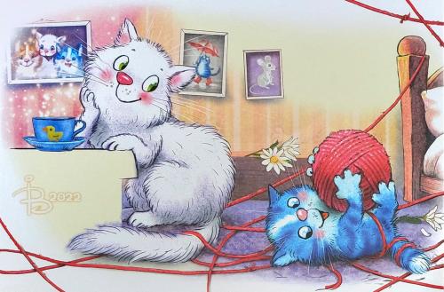 Children's drawing of a cat and two blue birds. Children's illustration.