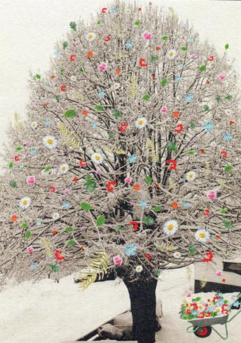 Christmas tree with colorful snowflakes. Watercolor painting on canvas.