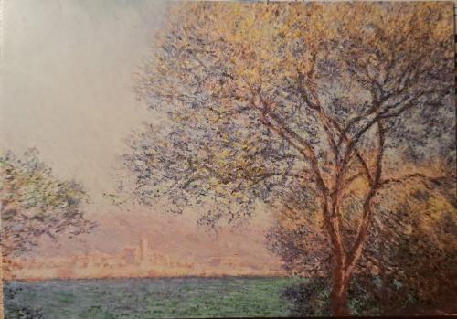 Oil painting on canvas of trees and castle in the background, autumn landscape