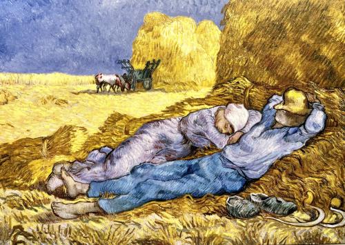 Painting of a man sleeping on a haystack in the countryside