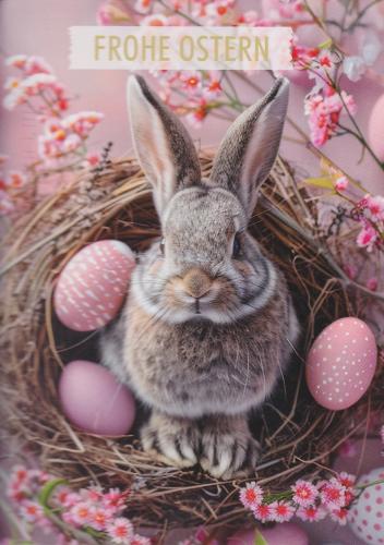 Easter bunny and easter eggs in a nest on a pink background