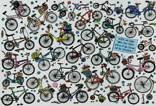 A lot of bicycles on a white background. Children's drawing.