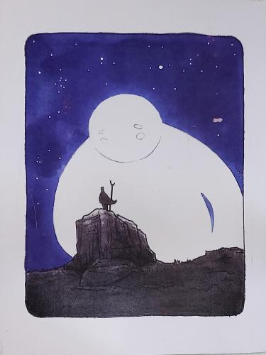 Night sky with stars and a silhouette of a stork on a white background