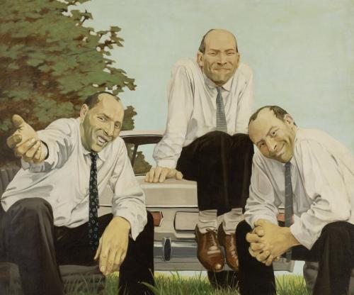 A picture of three businessmen sitting in front of an old car.
