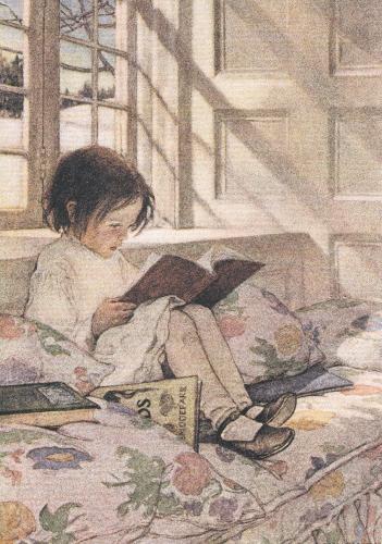 Little girl reading a book on the sofa at home. Vintage painting.