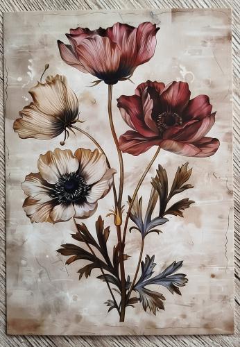 Vintage background with anemone flowers. Old paper texture.