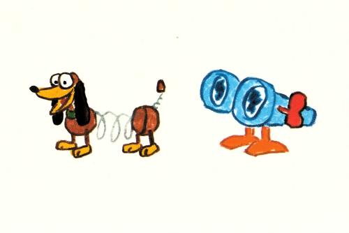 cartoon image of a dog and a binocular on a white background