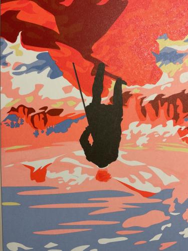 The silhouette of a man on the background of the sea and fish