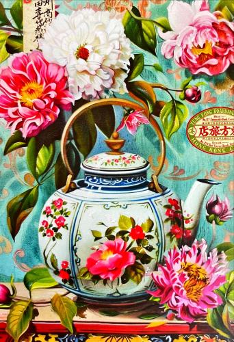 Chinese porcelain teapot on the background of a painting