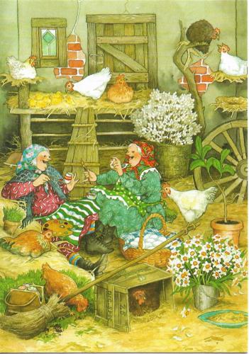 Vintage illustration of a rural scene with chickens and women in the village