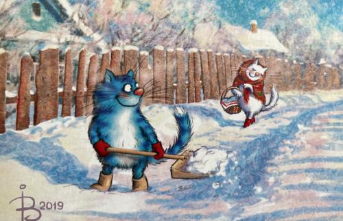 Funny cartoon cat with a fishing rod in the winter village.