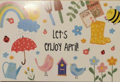 Cute postcard with flowers, birds, rainbows, raincoats and text