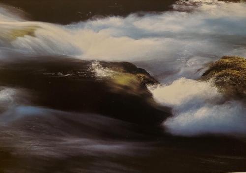 Waterfall on the river. Digital painting in black and white.