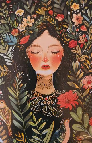 Beautiful girl with flowers and birds on a black background. Hand-drawn illustration.