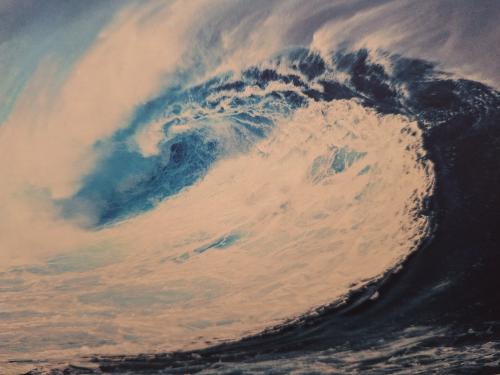 Surfing ocean waves. Blue ocean with big stormy wave.