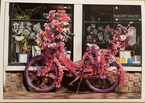 Bicycle decorated with pink flowers in front of a shop window.