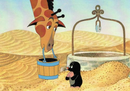 Giraffe drinking water from a bucket in the desert, illustration