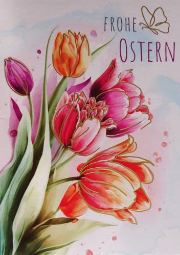 Tulips and butterflies on a watercolor background. Greeting card.