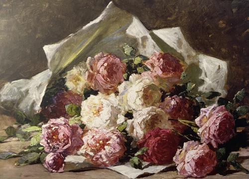 Still life with bouquet of peonies. Oil painting on canvas.