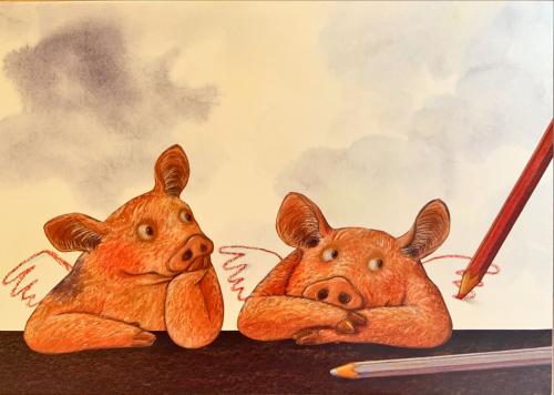 Two little pigs with pencils on the table. Hand drawn illustration.